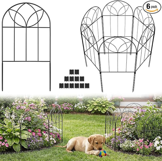 Small Garden Fence Animal Barrier, Decorative Garden Fence 24in(H) x 6ft(L), 6 PCS Rustproof Metal Fences Panel, Arch Black No Dig Fences, Rabbit and Dog Border Fencing for Flower Bed, Patio