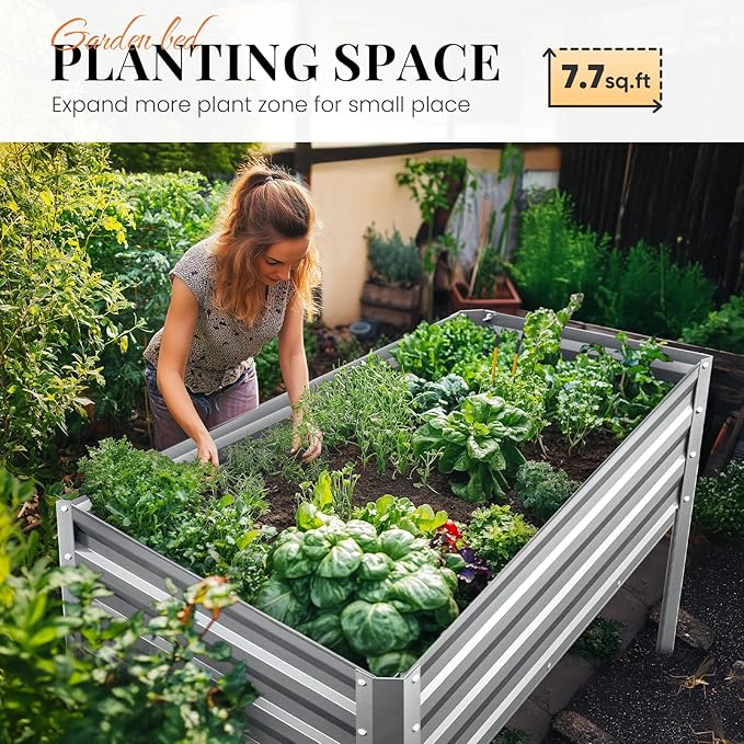 KING BIRD Large Raised Garden Bed with Legs Galvanized Elevated Planter Box 48×24×32 in for Backyard, Patio, Balcony, 400lb Capacity, Silver