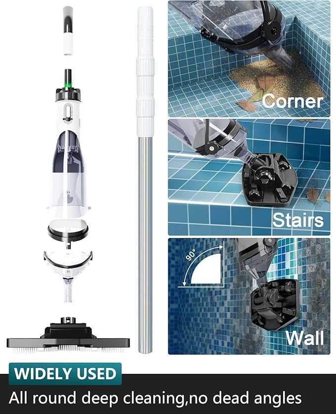 Cordless Pool Vacuum for Above Ground Pool 19.5 GPM, All-Angle Head&LED Display,Handheld Rechargeable Spa Vacuum Cleaner for Inground Pools for Hot Tub, Leaves,Debris,Shallow Steps