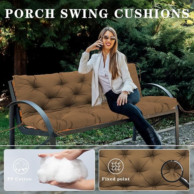 Porch Swing Cushions Outdoor, 5 Inch Thick Waterproof 2-3 Seater Replacement Swing Cushion with Backrest and Anti-Slip Ties, Perfect for Porch, Patio, Garden, Outdoor Bench Furniture, 48×40×5 Inch