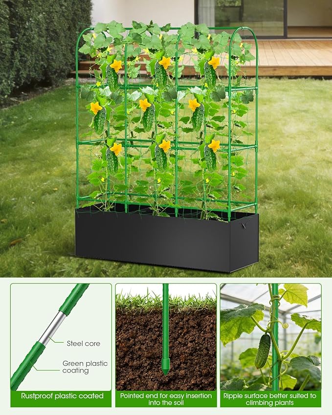 Cucumber Trellis with Grow Bags for Garden, U Frame Garden Trellis for Climbing Plants, Metal Plant Trellis with Garden Netting for Vegetables Flowers Fruits(4 Arches)(U-Shape)