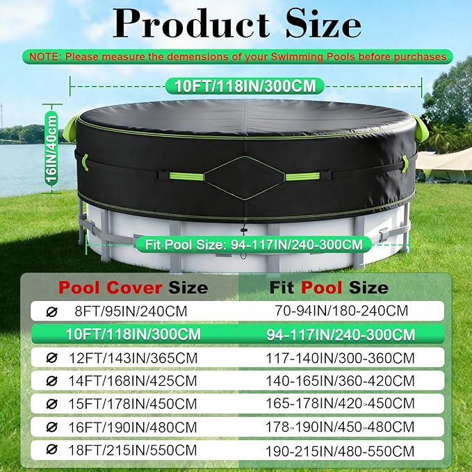 10Ft Round Pool Cover for Above Ground Pools, Safety Solar Pool Covers with Reflective Strips, Rope and Luminous Nails, Upgraded Thicker Oxford, PU Tarp Snug, UV Protected, Windproof, Tear Resistant