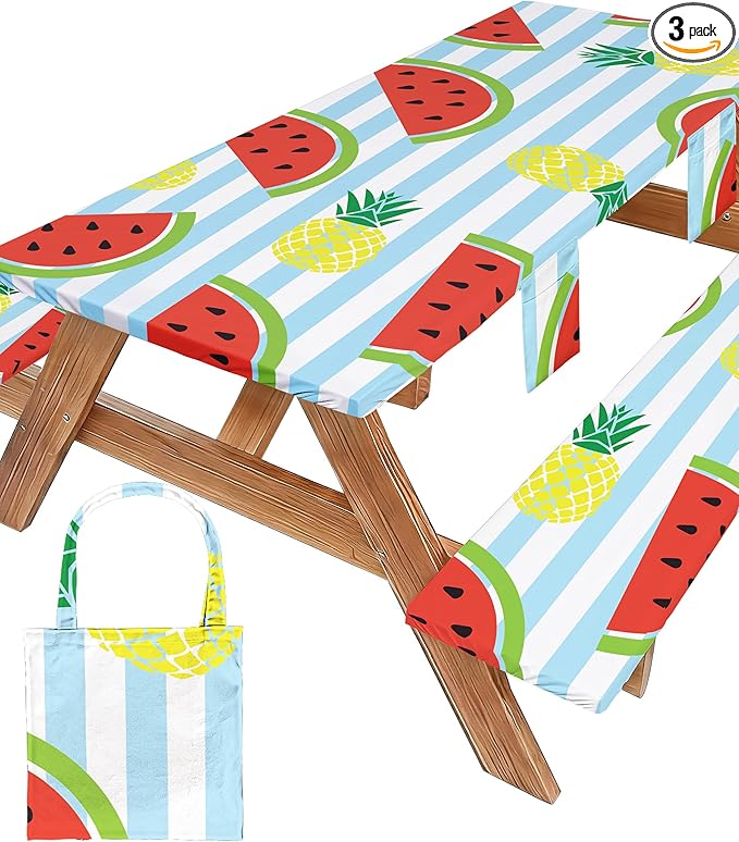 Picnic Table Cover with Bench Covers Waterproof Elastic Rectangle Tablecloth Camper Essentials Supplies Rv Car Travel Gear Must Haves Accessories Fitted Table Cloth Outdoor Road Trip Camping Gifts 6ft