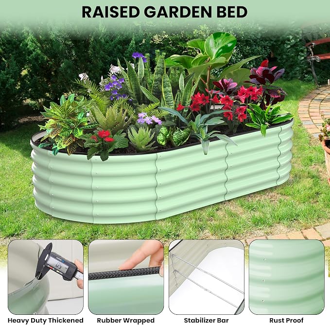 GarveeLife 2 Pcs 6x3x1 ft Oval Raised Garden Bed, Galvanized Raised Beds,Open-Ended Base Metal Raised Planter Beds,Garden Bed Outdoor,Planter Raised Boxes for Vegetables, Flowers,Tool-Free Asse,Green
