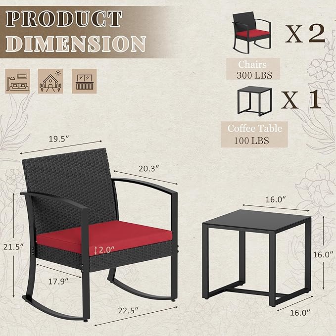 Homall Patio Furniture Set 3 Piece Resin Outdoor Bistro Set Rocking Patio Chairs with Cushions and Table for Porch, Poolside, Balcony and Yard (Red)