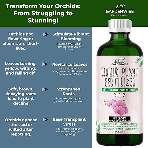 GARDENWISE Liquid Orchid Fertilizer Concentrate 3-1-2 with Micronutrients Orchid Care Made Easy (16 OZ)