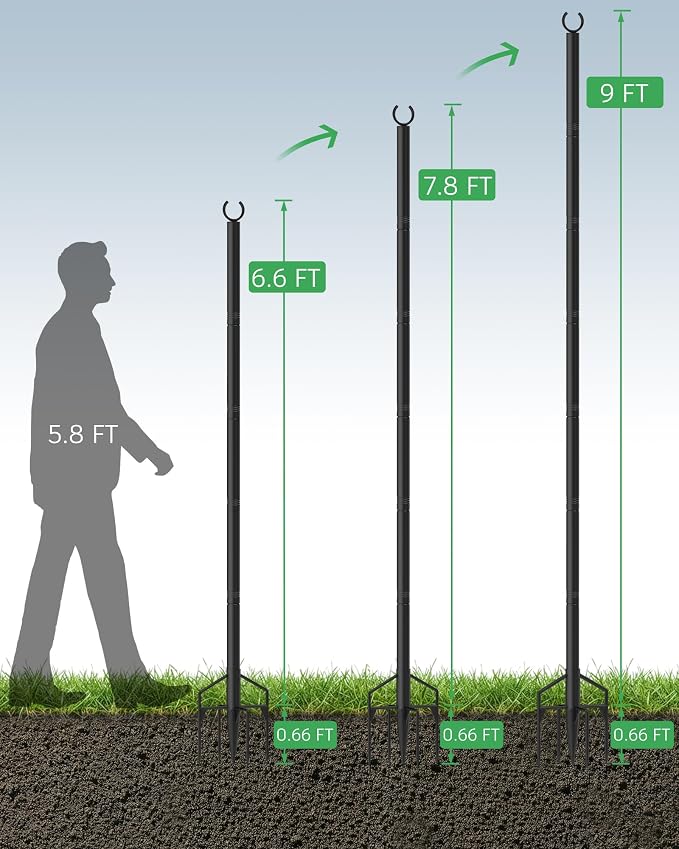 LAND·VOI String Light Poles 4 Pack, Heavy Duty Outdoor Light Poles with Upgraded 5‑Prong Base, Anti‑Bending Stable Design for Backyard Patio Garden Wedding Party Decoration