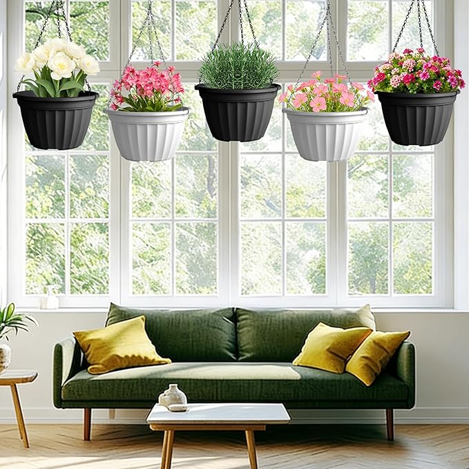 FGstyle Outdoor Plastic Hanging Pot 6 Pcs 10 inch Black and White