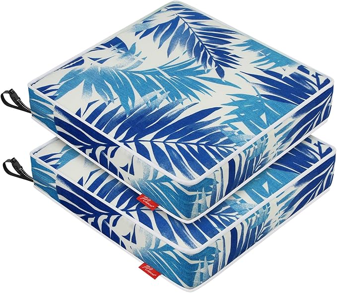Patio Chair Cushions 18.5x16 Inch, Water Repellent Outdoor Seat Cushions with Adjustable Straps, Fade Resistant Replacement Cushions for Garden Deck Sofa Couch, Set of 2, Blue Leaf