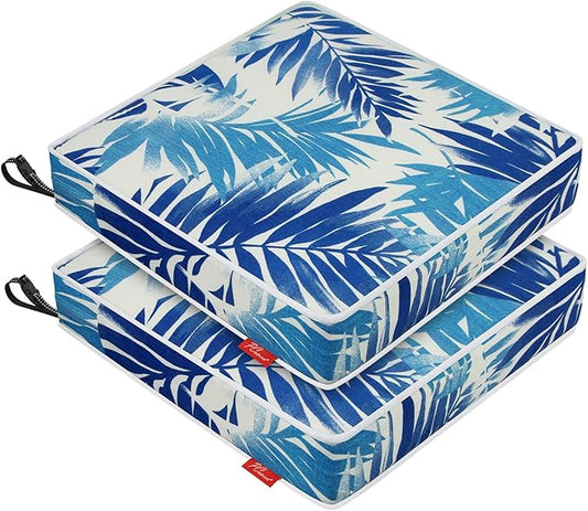 Patio Chair Cushions 18.5x16 Inch, Water Repellent Outdoor Seat Cushions with Adjustable Straps, Fade Resistant Replacement Cushions for Garden Deck Sofa Couch, Set of 2, Blue Leaf