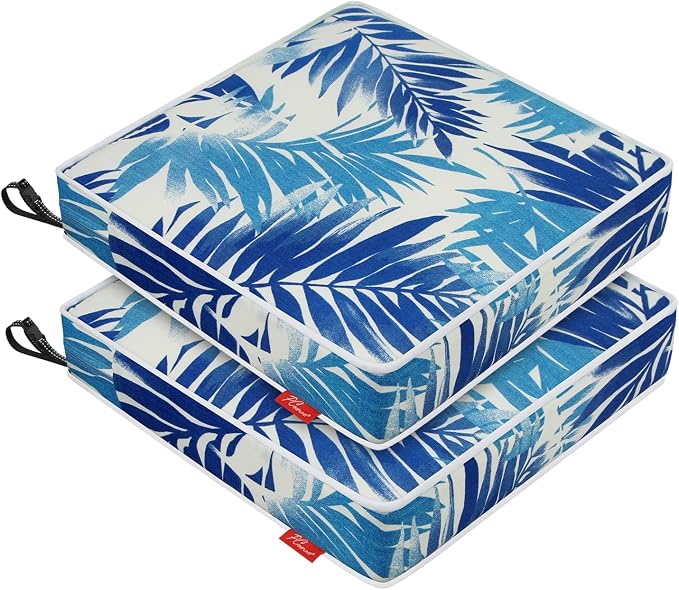 Patio Chair Cushions 19x19 Inch, Water Repellent Outdoor Seat Cushions with Adjustable Straps, Fade Resistant Replacement Cushions for Garden Deck Sofa Couch, Set of 2, Blue Leaf