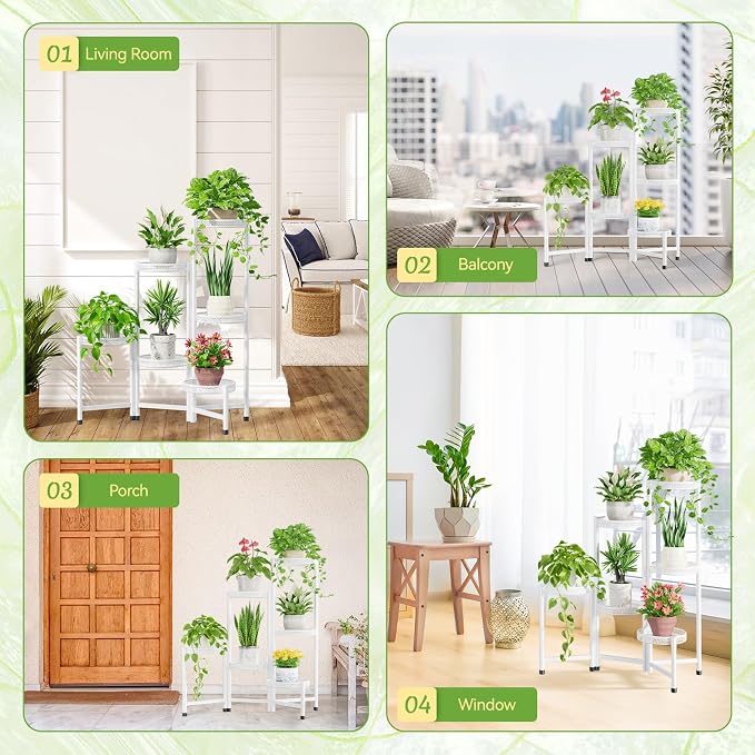 iDavosic.ly Plant Stand Indoor Outdoor, 6 Tier Corner Metal Flower Display Holder Shelf, Folding Tall Orchid Rack for Patio Balcony Porch Garden Living Room House, Wrought Iron - White