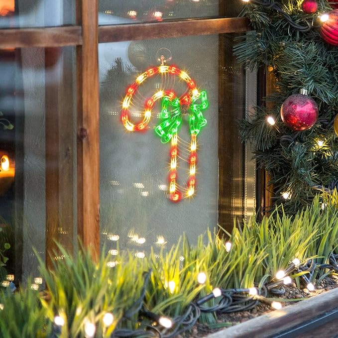 Christmas Window Silhouette Lights, Lighted Candy Cane Double Sided Decorations with 50 Count Incandescent Mini Light, for Holiday Indoor Wall Door Glass Decor