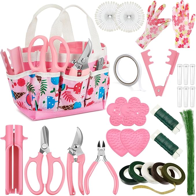 211 Pcs Gardening Tools Kit, Floral Arrangement Supplies Pink Tote Storage Bag and Flower Stripper Floral Gloves Pruning Shears Scissors Etc Bouquets Crafts Mother Gifts for Women