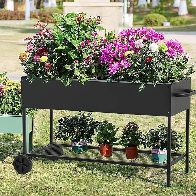 JWPEHOE 51 × 26 × 31.5 Inches Raised Garden Bed with Legs/Storage Shelf, Mobile Planter Box for Outdoor Plants, Elevated Garden Bed for Backyard, Balcony, Black