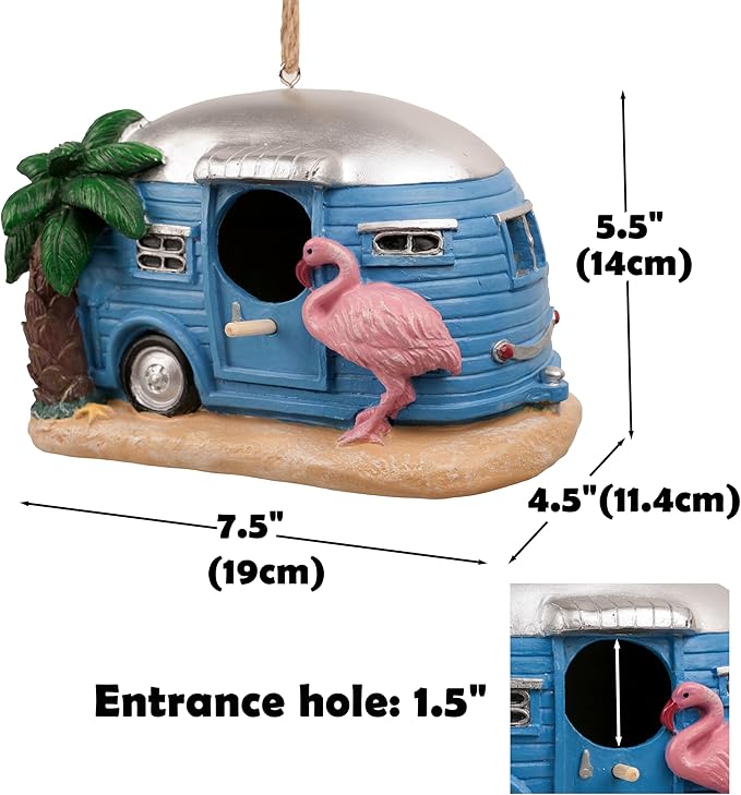 Bird Houses for Outside, Decorative Cute Resin Flamingo RV Hanging Bird House for Outdoor Patio Garden
