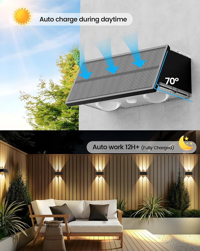 Bridika Solar Fence Lights, 12 Pack Up and Down Solar Lights Outdoor Waterproof, 8 Colors Lens LED Dusk to Dawn Wall Lights for Fence, Patio, Deck, Backyard, Garden
