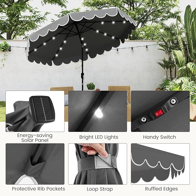 Tangkula 9 FT Solar Patio Umbrella, 2-Tiers Scalloped Outdoor Table Market Umbrella with 32 LED Lights, Vented Top, Tilt Adjustment, Crank, 8 Ribs for Backyard Poolside Deck Beach Lawn (Gray)