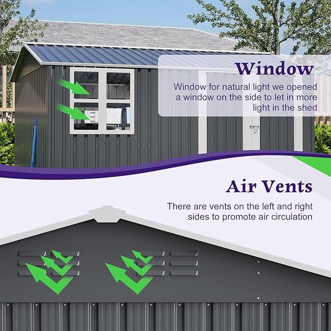 YOPTO 10X8 FT Outdoor Storage Shed,Metal Shed W/Window,Floor Frame & Lockable Swing Door,Garden Tool House W/ 4 Air Vents & Sloped Roof,for Backyard Patio Lawn,Gray