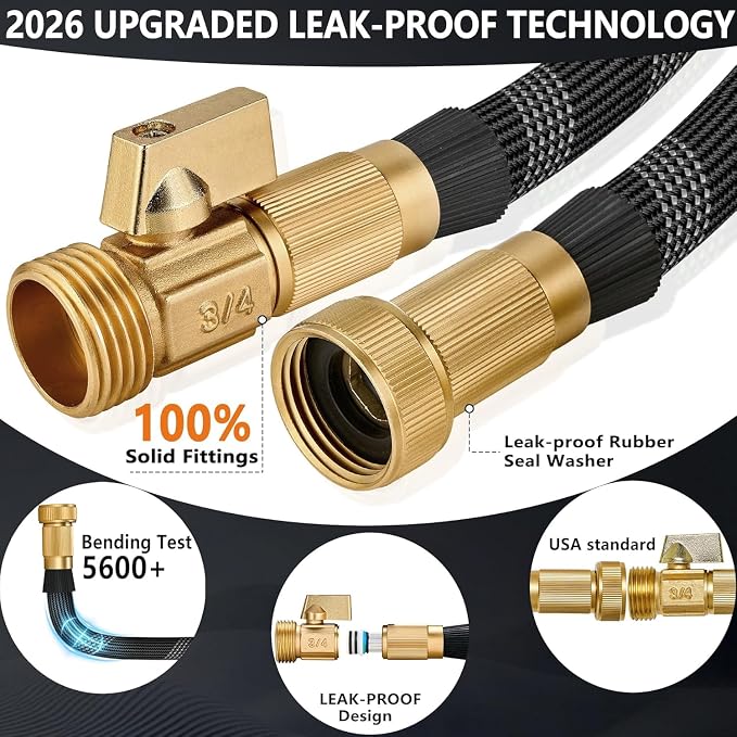 100 FT Non-Expandable Garden Hose, Lightweight Hose with 10 Function Spray Nozzle, Kink-Free Flexible Water Hose, Leak-Proof, 3/4'' Solid Connectors Garden Hose,Ultra Durable Garden Hoses