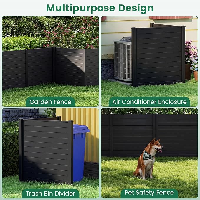 HAPPYGRILL Air Conditioner Fence, 4 Panels Outdoor Privacy Fence Screen w/6 Stakes, 48”W x 48”H PP Pool Equipment Enclosure Trash Can Screen, Decorative Garden Fences for AC Unit Patio Lawn, Black