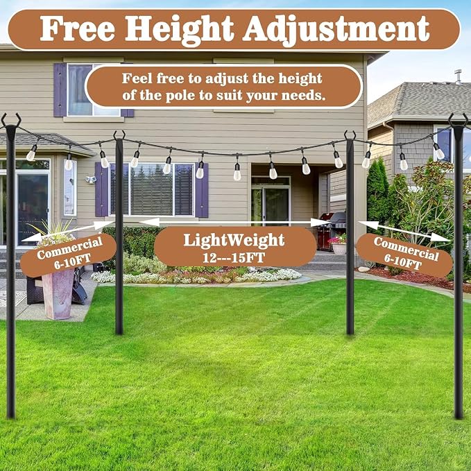 4 Pack String Light Pole,Metal Poles for Hanging Outdoor Light Strings,4 Pack 10 FT Light Poles Stand for Outside Garden,Patio,Wedding,Backyard,Deck,Party