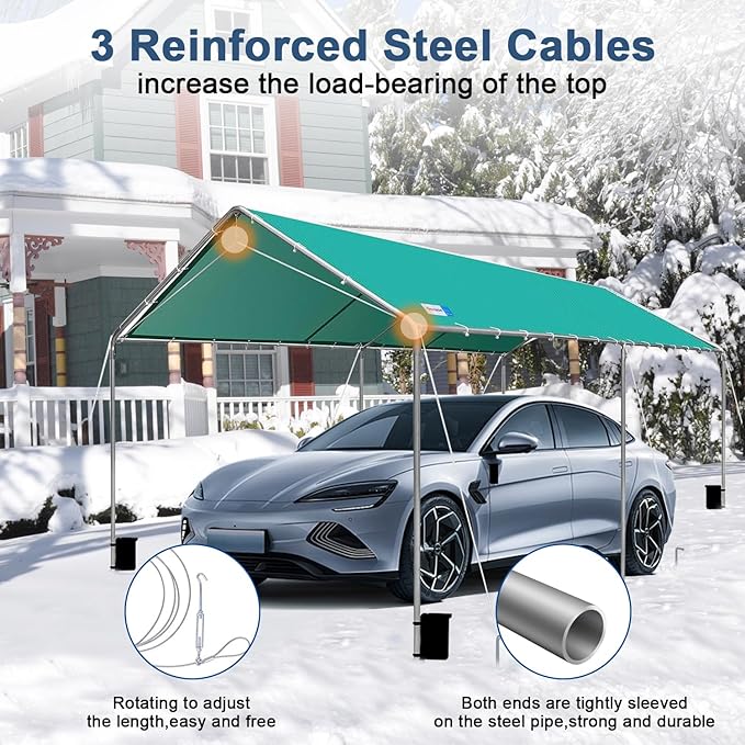 Carport Canopy 10'x20' Heavy Duty Carport, Waterproof & UV Protected Garage Top Tarp Shelter Cover with Reinforced Steel Cables, Outdoor Portable Garage for Car, Boat Tent, Green