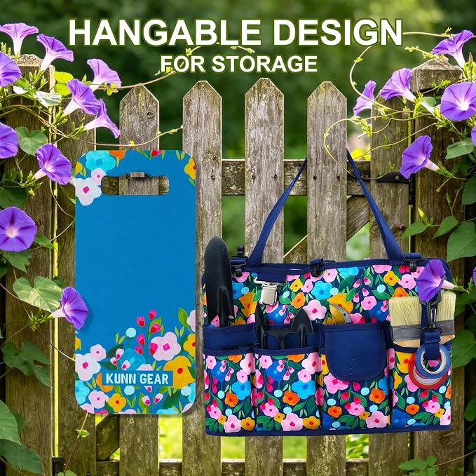 KUNN 5 Gallon Garden Bucket Tool Organizer & Kneeling Pad Set, 18-Pocket Heavy Duty Garden Caddy with Hangable Handle, Polyester Tool Bag with Grip Handle & Gardening Kneeling Pad for Women, Blue