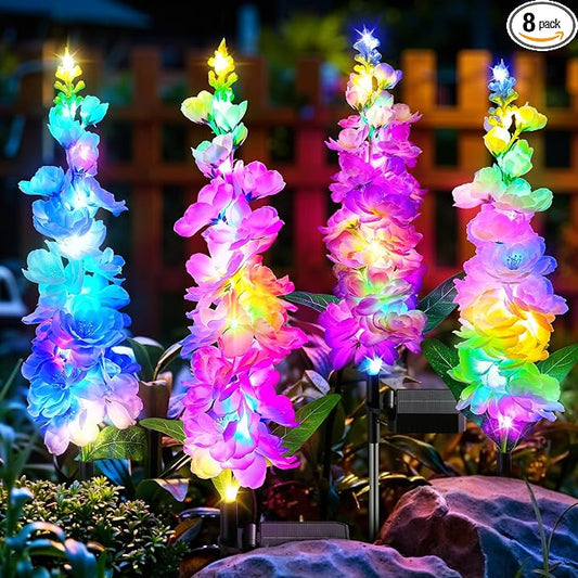 KOOPER Solar Lights Outdoor Garden Decor, 8 Pack Upgraded Delphinium Solar Garden Lights with 72 Colorful LEDs, Vivid Flowers Outdoor Waterproof for Landscape Patio Yard Decor