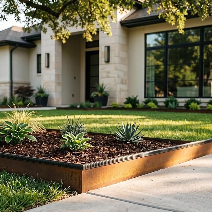 Worth Garden 6-Pack Cor-Ten Steel Landscape Edging with Black Protection Strips - Rust Patina Finish 40" L x 8" H (20Ft Total) - Hammer-in 14-Gauge Metal Corten Lawn Yard Edging Border w/ 7 Clips