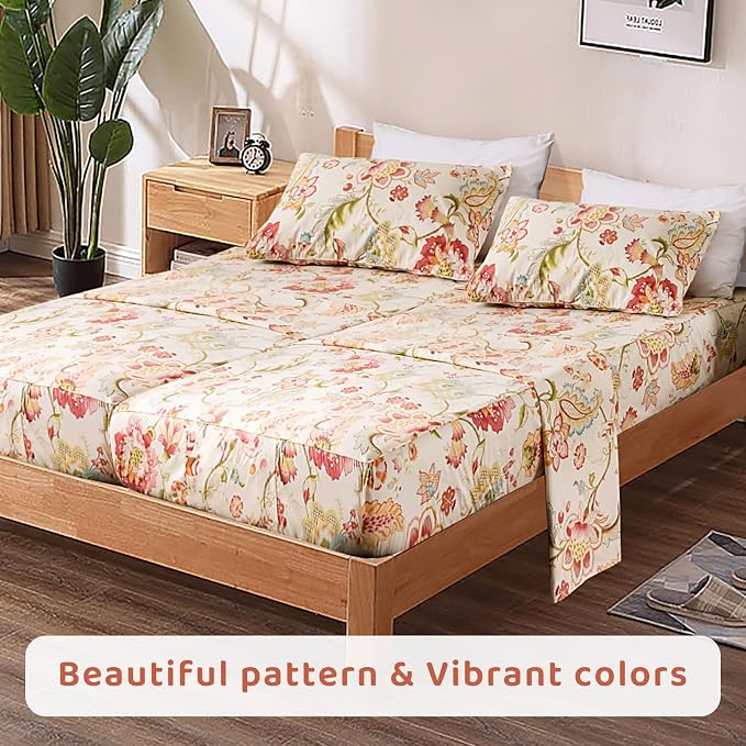 QSH 100% Egyptian Cotton Floral Sheets for Split King Size Bed, Red Yellow Flowers Plant Pattern Botanical Printed Bedding Deep Pockets 17" Soft and Breathable 4pcs