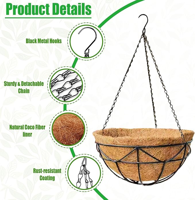 4 Pack 12 Inch Heavy Duty Hanging Basket Outdoor Metal Hanging Planters with Coco Coir Liners Black Hanging Flower Baskets for Outdoor Plants Patio Porch Balcony Garden（Geometric）