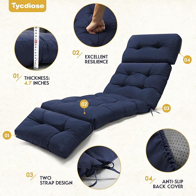 Waterproof Chaise Lounge Chair Cushions Outdoor 74.4 x 22 x 4.7 Inches Memory Foam Patio Lounge Chair Cushions for Outdoor Furniture with Ties, Thickened Pool Lounge Chair Cushion, Navy