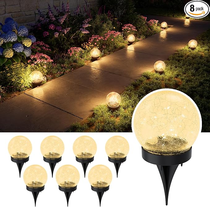 8 Pack Solar Powered Cracked Glass Globe LED Lights Outdoor Waterproof Decorative Table Ball Lamps for Outside Garden, Patio, Yard, Deck, Pathway, Backyard Decoration Easy to Install (Warm White)