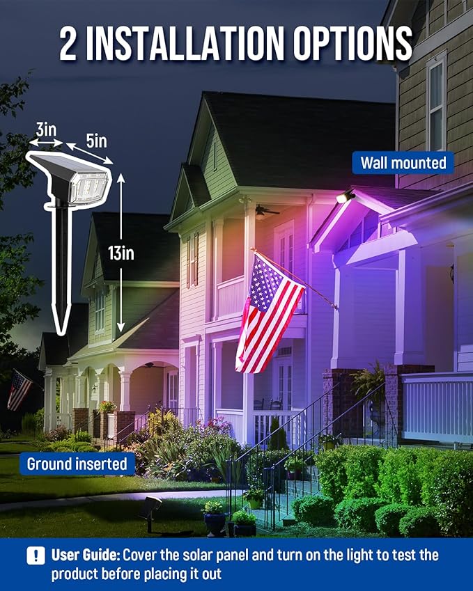 AUDERWIN Solar Spot Lights Outdoor, 9 Lighting Modes RGB, Solar Lights Outdoor Waterproof IP65, 63 LED Landscape Spotlights for Holiday Decorations