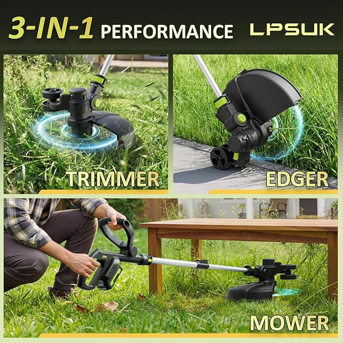 20V Cordless String Trimmer, Two 2.0Ah Battery Powered with Fast Charger, 12'' Grass Cutter with Auto Line Feed, 3-in-1 Electric Lawn Mower Grass Trimmer&Edger Lawn Tool with 8 Lines for Yard, Garden