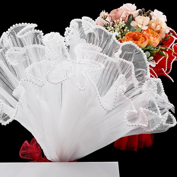 Gilprop 12 Pcs Mother's Day Flower Wrapping Mesh Paper Kit, 11 Inch x 4 Yard Wavy Pearl Edge Flower Bouquet Packaging Mesh Florist Supplies with 4 Ribbons and 24 3D Butterflies for Mother's Day