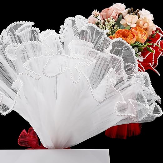 Gilprop 8 Pcs Flower Wrapping Mesh Paper, 11 Inch x 4 Yard Wavy Pearl Edge Wrinkled Flower Packaging Mesh, Florist Supplies for Teacher Mother's Day Gifts (White,Black)