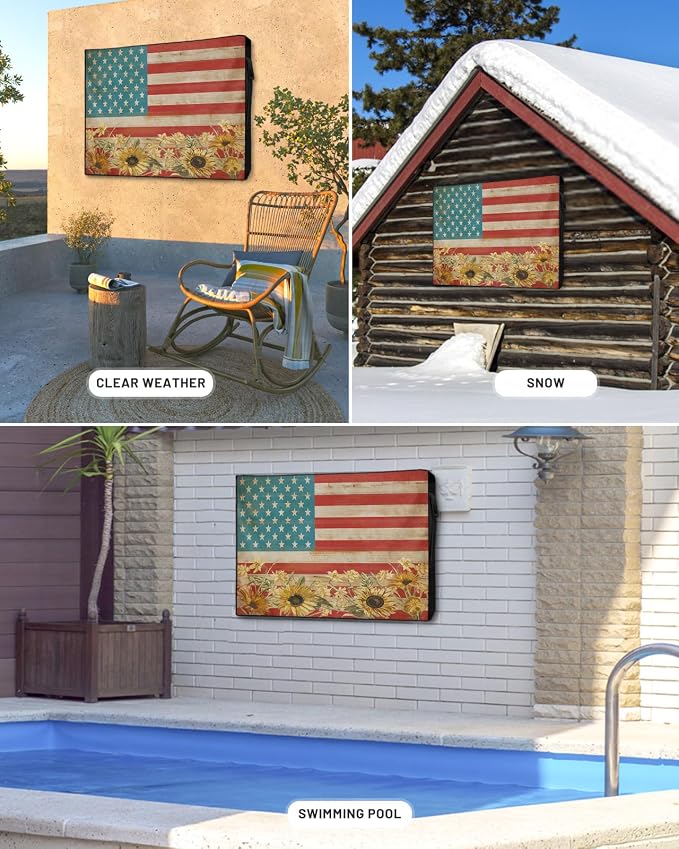 American Flag Outdoor TV Cover 40 to 43 Inch Weatherproof, Sunflowers Farmhouse 600D Oxford TV Covers with Waterproof Zipper, USA Flag Outside Flat TV Screen Protector Size 40"W x 25"H x 4.5"D