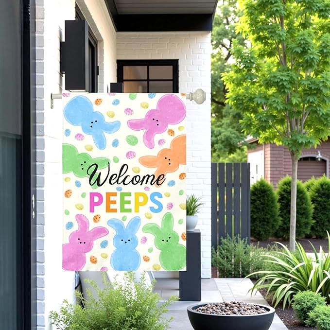 Welcome Peeps Easter Garden Flag 28x40 Inch Large Outdoor Spring Double Sided Bunny Egg House Banners Colorful Porch Garden Flag Holiday Home Flags Decor Durable Seasonal Welcome Sign
