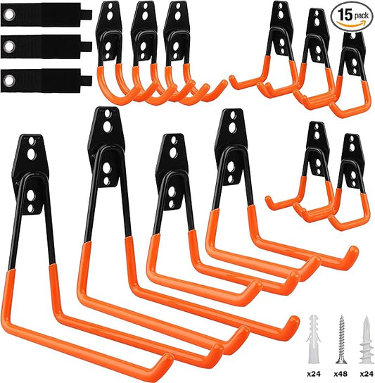 Garage Tool Storage Wall Hook Assortment Set: 15PCS Heavy Duty Large Hanger Garden Tool Organizer Ladder Bike Rack Yard Tool Holder Shed Shovel Metal Screw Organization Bicycle Steel Bracket, Orange
