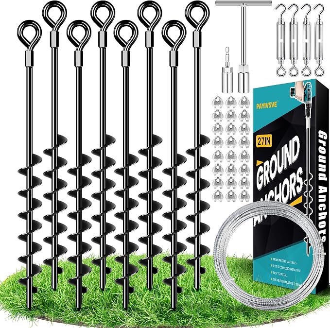 27" Ground Anchors Heavy Duty Shed Anchors Kit, Mobile Home Anchor with 3/16" Galvanized Cable and Turnbuckles for Sheds Canopy Gazebo Trampoline Swing Set(8x27in)