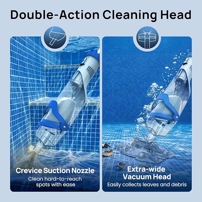 Cordless Pool Vacuum for Above Ground & Inground Pools, Consciot Handheld Rechargeable Pool Cleaner, 1110 GPH Suction, Telescopic Pole up to 87.5", 75Min Runtime, See-Through Head for Debris & More