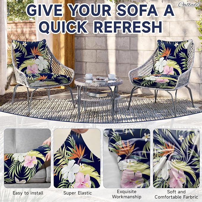 CALBODE 8 Pcs Stretch Outdoor Seat Cushion Covers, Washable Chair Seat Covers for Patio Furniture Cushions Soft Indoor and Outdoor Couch Cover Replacement (Navy Blue Botanical, Cover Only)
