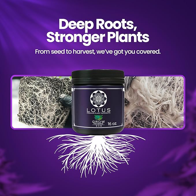 Lotus Nutrients Grow Pro Series, Water Soluble Plant Nutrient Powder, 14+ Ingredients with Chelated Micronutrients and Amino Acids, for Coco Coir, Hydroponics, Soil, Indoor and Outdoor Grows, 16oz
