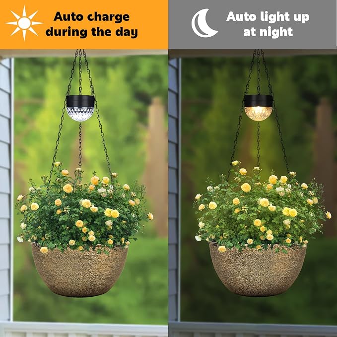 SUNNYPARK 2 Packs Hanging Planters Basket for Outdoor Plants, Solar Powered Self Watering Copper Round Plastic Flower Pots with Drainer for Balcony Patio Garden Outdoor Decoration