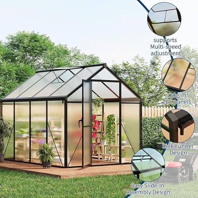 8×6 FT Outdoor Aluminum Polycarbonate Greenhouse, Easy Assembly Walk-in Greenhouse with Roof Vent & Lockable Hinged Door, Large Heavy Duty Greenhouse for Patio, Backyard, Garden, Sunroom, Black
