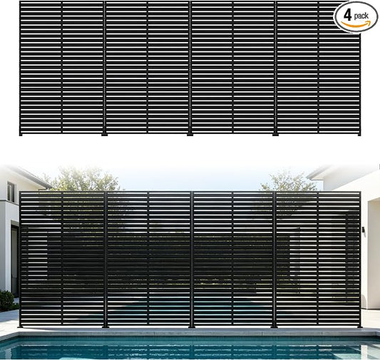 Outdoor Privacy Screen Panel 72" Freestanding Privacy Fence with Stand, HDPE Decorative Privacy Screens with Louvered 6 Panels, Weather-Resistant Panel Fence for Patio, Balcony,Pool, Black
