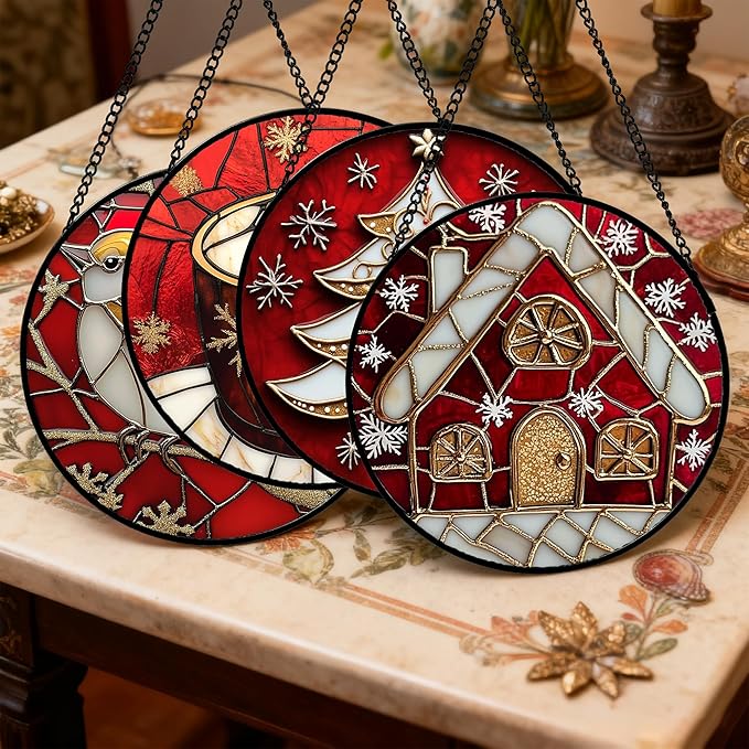 DASTOLL Stained Glass Window Hanging 4 Pcs Set Red Christmas Themed Decorations Large 11.8" - Suncatcher Door Garden Sun Catcher Decor Birthday New Year for Mom Woman Nana Men