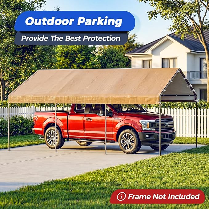 13x20 FT Carport Canopy Replacement Cover, Heavy Duty Car Garage Top Tent Shelter Tarp, Waterproof & UV Protected, Easy Installation with Ball Bungees, Beige (Frame Not Included)